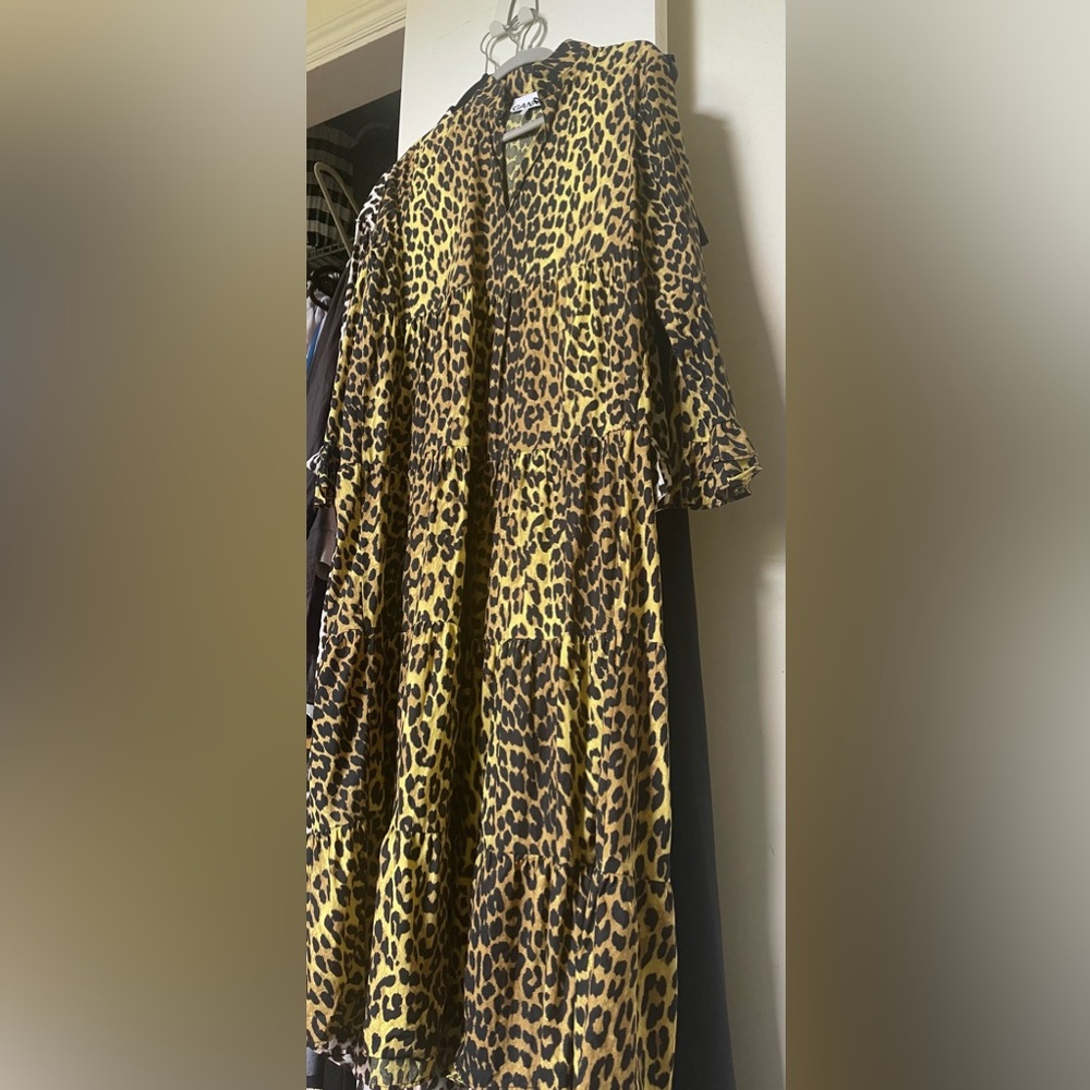 GANNI Leopard Print Tiered Maxi Dress - Yellow & Black